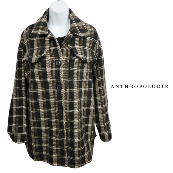 Anthropologie Sage The Label Plaid Shacket - Neutral Brown - Size Medium - Picture 1 of 11